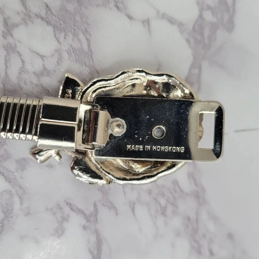 Vintage 80s Silver Toned Slinky Stretch Women's Belt with Rose Buckles Sleek
